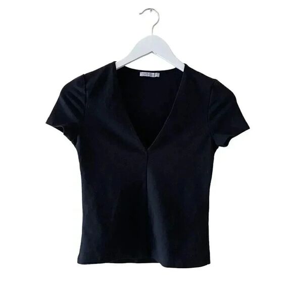 Zara Trafaluc  Basic Every Day Black V-Neck Short Sleeves Women’s Blouse S #1709 - Picture 1 of 10